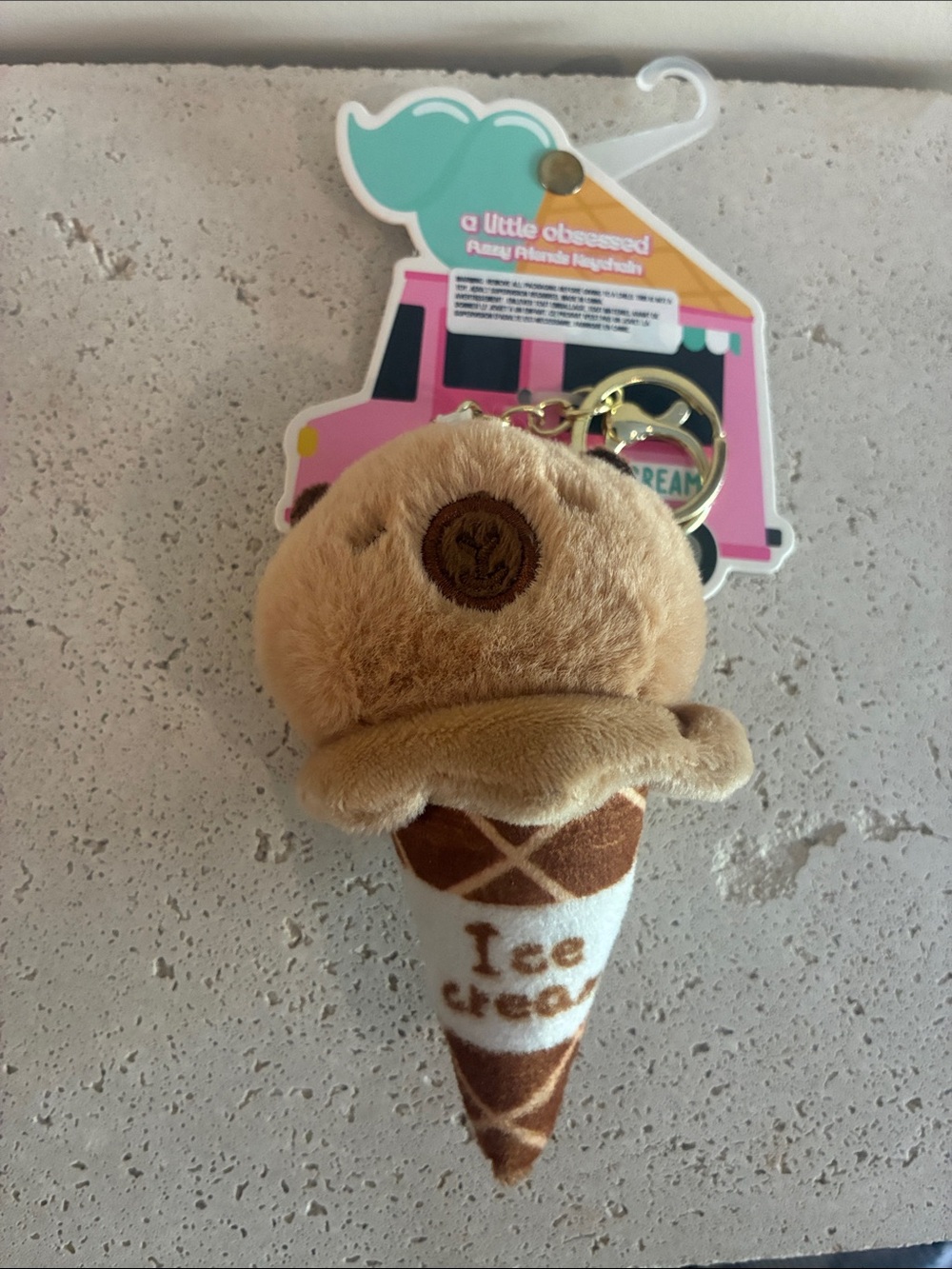 Plush Ice Cream Cone Keychain - Tan Brown gold key ring